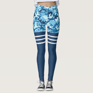 Blue camo triple white stripe thigh high leggings