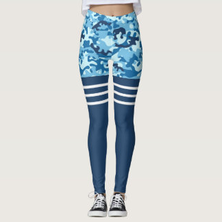 Blue camo triple white stripe thigh high leggings