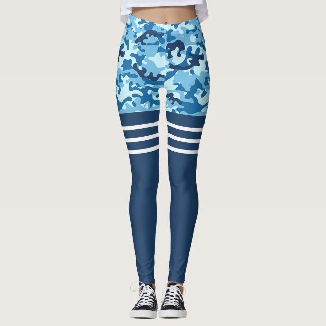 Blue camo triple white stripe thigh high leggings (Front)