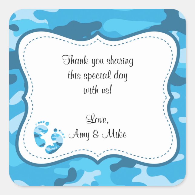 Blue Camouflage Baby Shower Favour Label w/feet (Front)