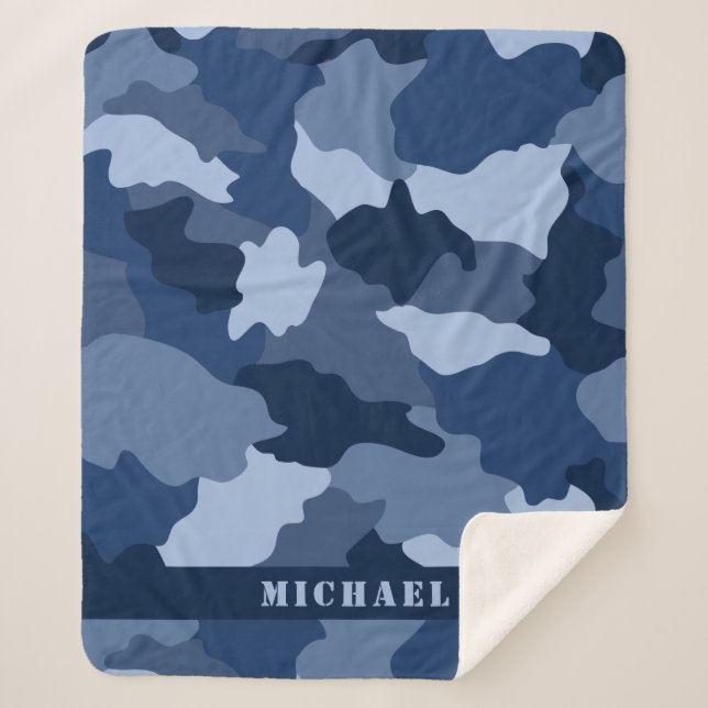 Blue Camouflage Monogram Name Sherpa Blanket (Front)