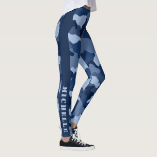 Blue Camouflage Pattern Monogram Name Leggings