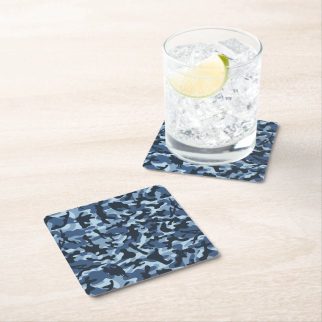 Blue Camouflage   Square Paper Coaster (Insitu)