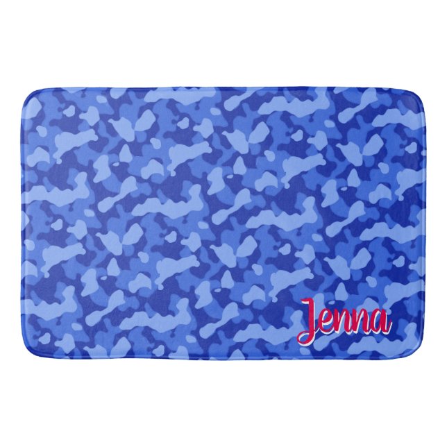 Blue Camouflage with Red Monogram Bath Mat (Front)