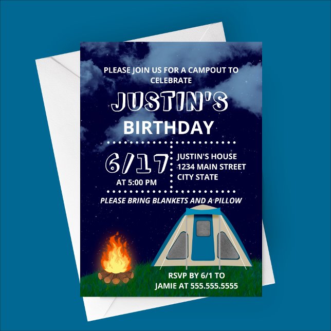 Blue Camp-out Birthday Party Invitation (Blue Camping Modern Birthday Party Invitation)