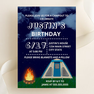 Blue Camp-out Birthday Party Invitation