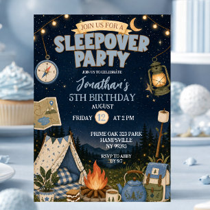 Blue Camp Sleepover Party Birthday Invitation
