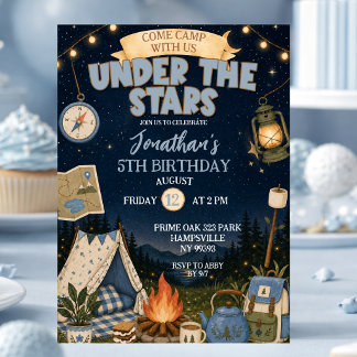 Blue Camp Under The Stars Birthday Invitation