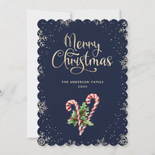Blue Candy Cane Holly Berries Christmas Holiday Card