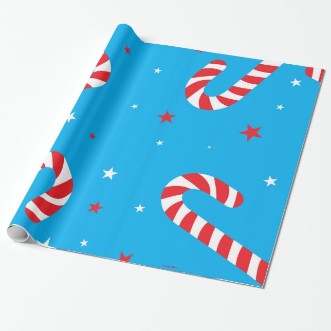Blue & Candy Cane Print Wrapping Paper (Unrolled)