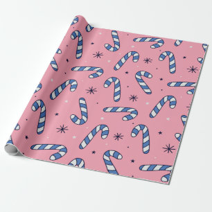 Blue Candy Canes on Pink Holiday Pattern Wrapping Paper