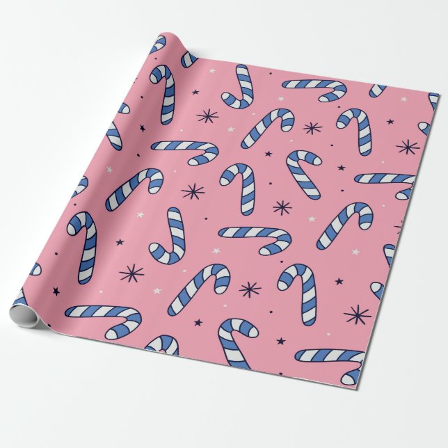Blue Candy Canes on Pink Holiday Pattern Wrapping Paper (Unrolled)
