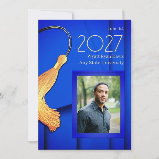 Blue Cap and Gown with Gold Tassel Announcement (Front)