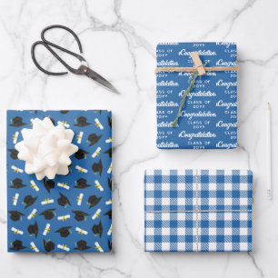 Blue Caps Diplomas Mixed Graduation Patterns Wrapping Paper Sheet