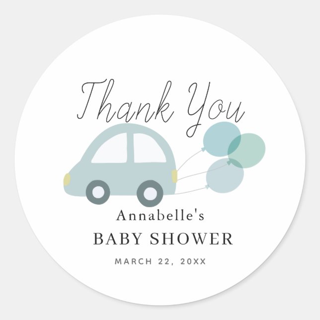 Blue Car Balloons White Boy Baby Shower Classic Round Sticker (Front)