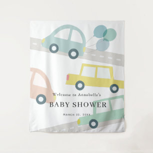 Blue Car Balloons White Boy Baby Shower Welcome Tapestry