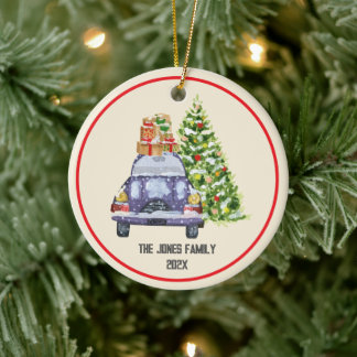 Blue Car Christmas Tree Personalised Family Ceramic Ornament
