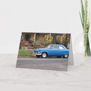 Blue Car in Small Town Birthday Card, Customisable Card