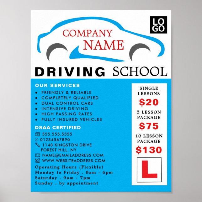 Blue Car Logo, Driving School, Instructor Advert Poster (Front)
