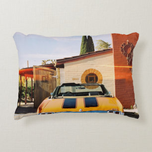 Blue car parked beside brown concrete building in  decorative cushion