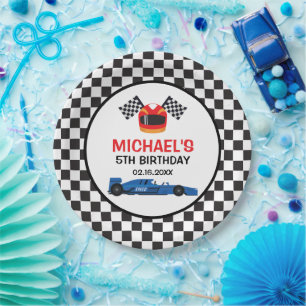 Blue Car Racing Birthday Paper Plate
