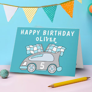 Blue Car Racing Flag Boy Birthday Card