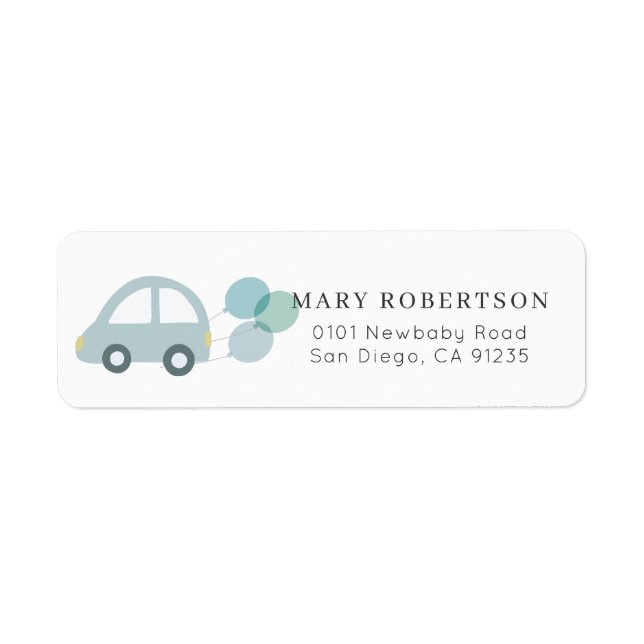 Blue Car with Balloons White Return Address Label (Front)