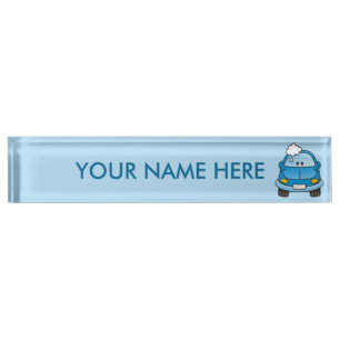 Blue car with bubbles nameplate