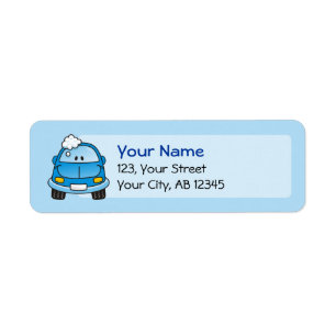 Blue car with bubbles return address label