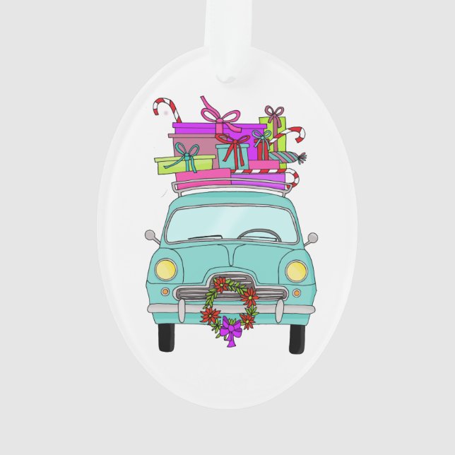 Blue Car with Christmas Gifts Ornament (Back)