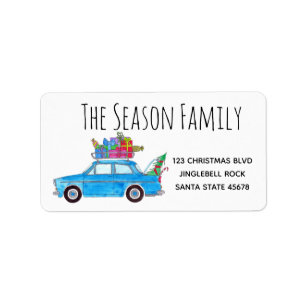 Blue Car with Christmas Gifts Watercolor Label