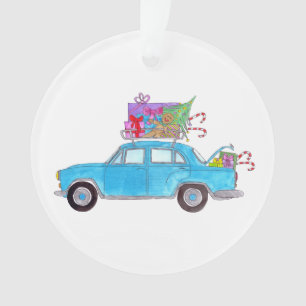 Blue Car with Christmas Gifts Watercolor Ornament