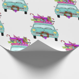 Blue Car with Christmas Gifts Wrapping Paper