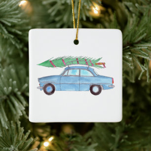 Blue Car with Christmas tree Watercolor Ceramic Ornament