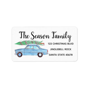 Blue Car with Christmas tree Watercolor Label