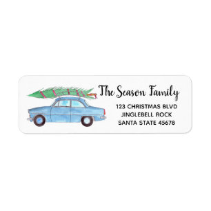 Blue Car with  Christmas tree Watercolor Return Address Label