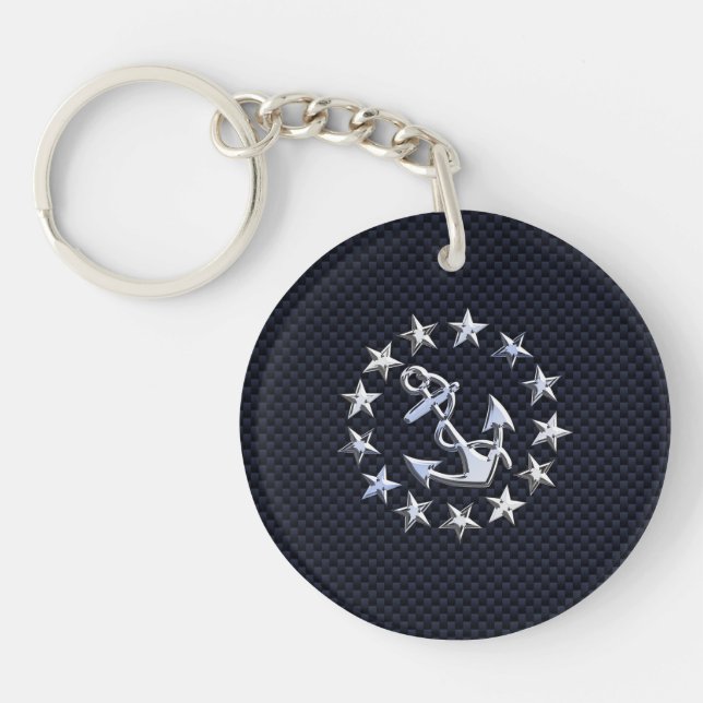 Blue Carbon Style Nautical Chrome Yacht Flag Print Key Ring (Front)
