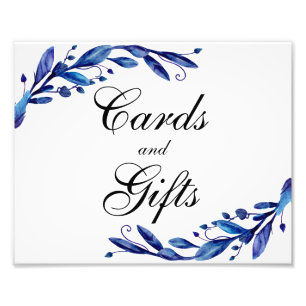 Blue cards and gifts wedding sign. Botanical navy Photo Print