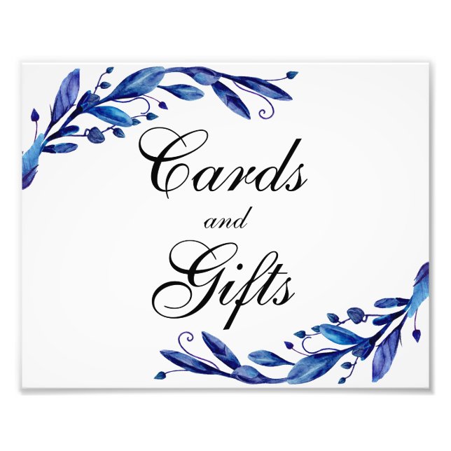 Blue cards and gifts wedding sign. Botanical navy Photo Print (Front)