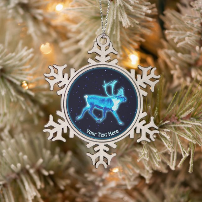 Blue Caribou (Reindeer) Snowflake Pewter Christmas Ornament (Tree)