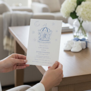 Blue Carousel Moon Stars Baby Shower Invitation