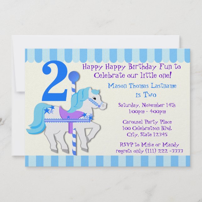 Blue Carousel Pony 2nd Birthday Party Invitation (Front)
