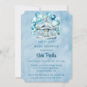 Blue Carousel with Arch Balloons Boy Baby Shower Invitation