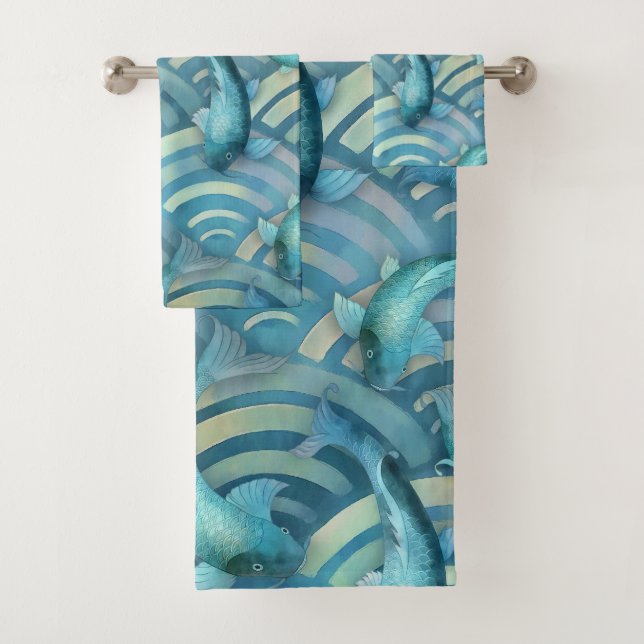 Blue Carp Koi Fish Pattern Bath Towel Set (Insitu)