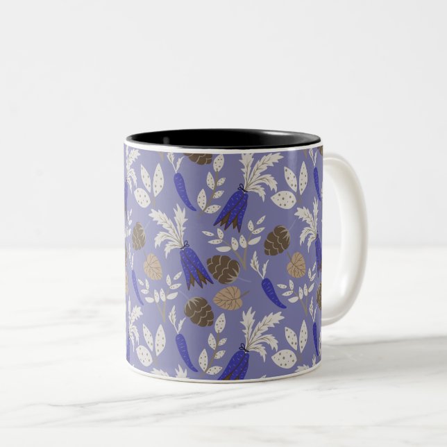 Blue Carrots And Nuts Pattern Two-Tone Coffee Mug (Front Right)