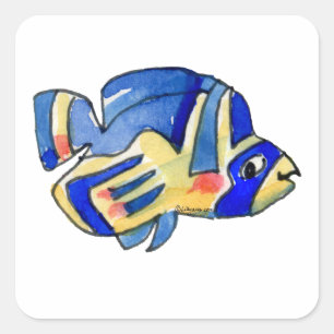 Blue Cartoon Butterfly Fish Square Sticker