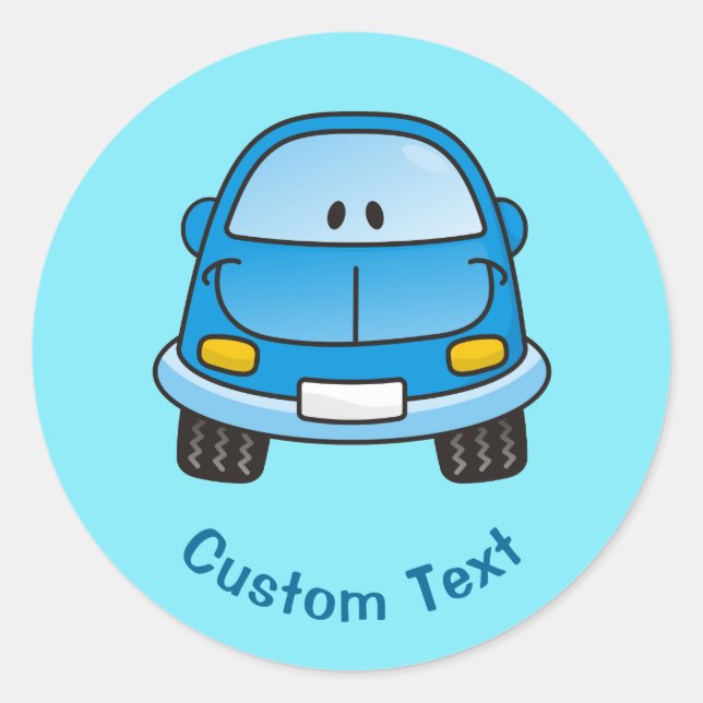 Blue cartoon car classic round sticker (Front)