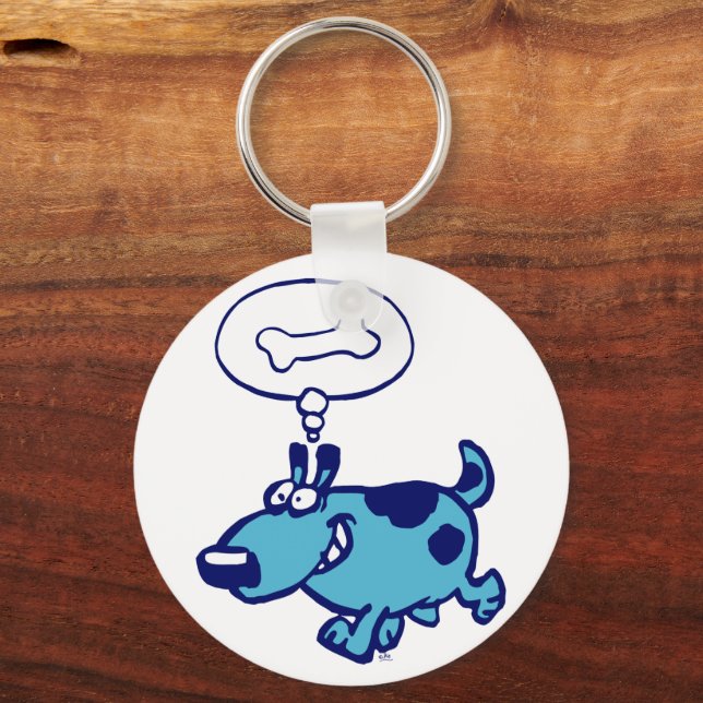 Blue Cartoon Dog thinking of bone Keychain (Front)