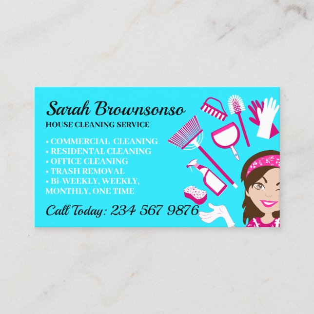 Blue Cartoon Lady Janitorial cleaning maintenance Business Card (Front)