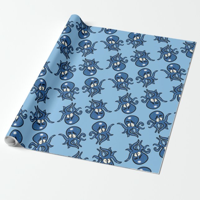 Blue Cartoon Octopus Wrapping Paper (Unrolled)